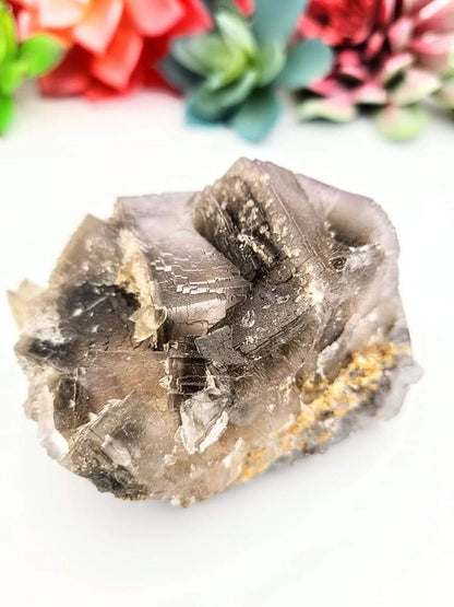 Smoky Cubic Fluorite with Calcite