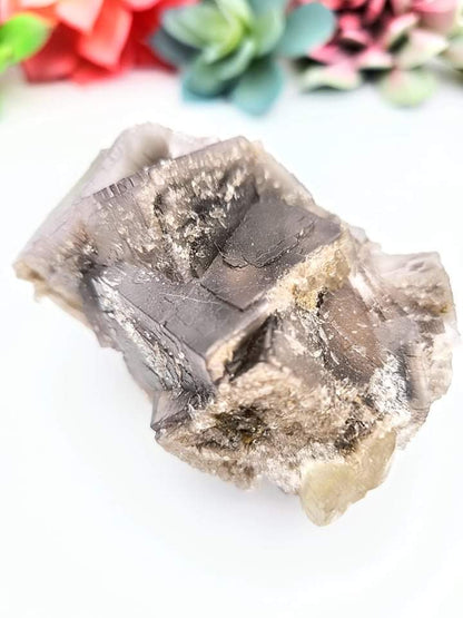 Smoky Cubic Fluorite with Calcite