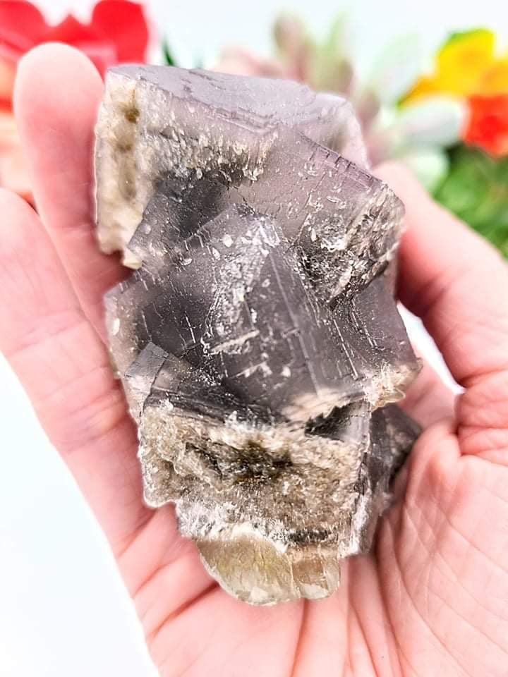 Smoky Cubic Fluorite with Calcite